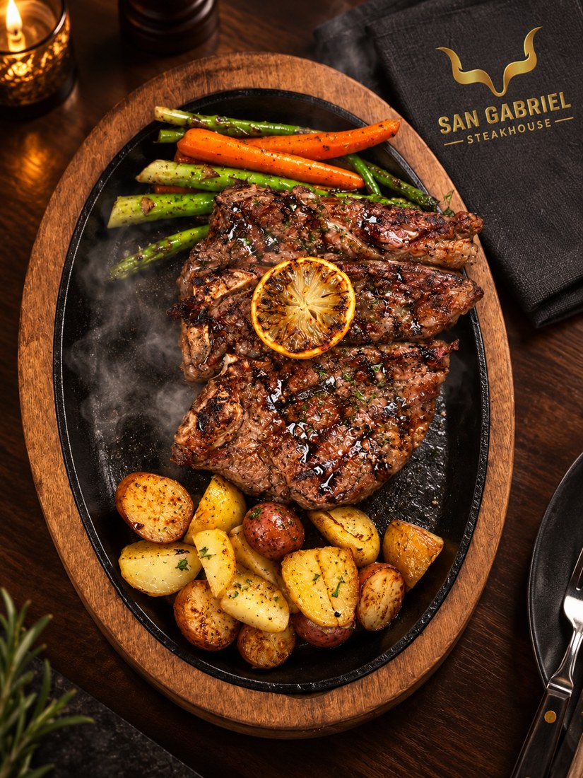 Cabrería steak grilled with a charred orange slice, roasted vegetables, and potatoes, San Gabriel Steakhouse