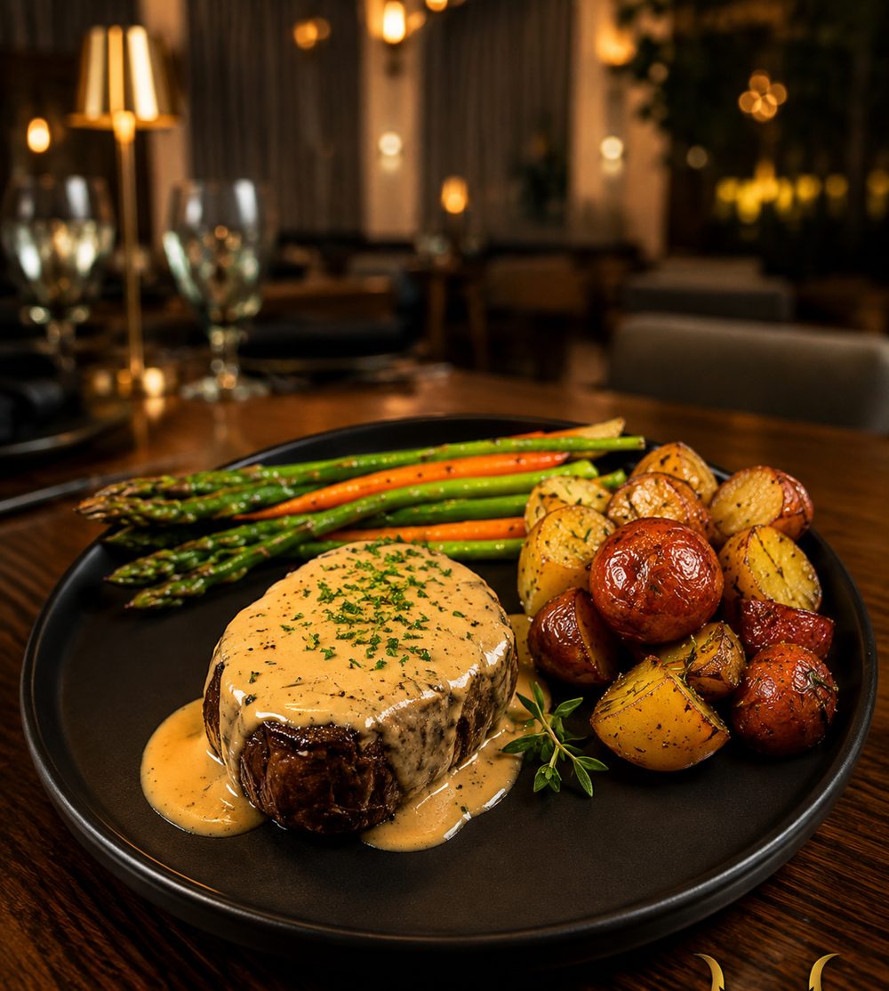 Filet mignon plated with roasted potatoes and vegetables at a candlelit table in the San Gabriel Steakhouse dining room